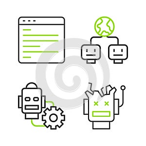 Set line Broken robot, Robot setting, Artificial intelligence and Computer api interface icon. Vector