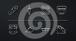 Set line Broken skateboard deck, Knee pads, Skateboard, stairs with rail, park, Screwdriver, and wheel icon. Vector