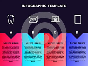 Set line Broken tooth, Envelope with Valentine heart, Shopping basket on laptop and Book. Business infographic template