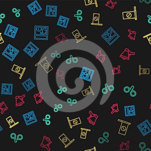 Set line Broken window, Handcuffs, Protest and Megaphone on seamless pattern. Vector