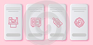 Set line Broken window, Safe, Whiskey bottle and Headshot. White rectangle button. Vector