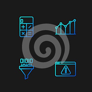 Set line Browser with exclamation mark, Binary code, Calculator and Pie chart infographic. Gradient color icons. Vector