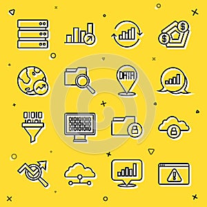Set line Browser with exclamation mark, Cloud computing lock, Pie chart infographic, Search folder, Financial growth