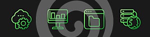 Set line Browser files, Cloud technology data transfer, Monitor with graph chart and Network cloud connection. Gradient