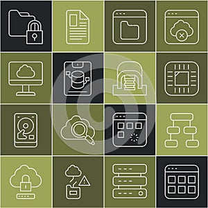 Set line Browser files, Hierarchy organogram chart, Processor with CPU, Server, Data, Web Hosting, Cloud technology data