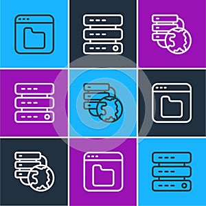 Set line Browser files, Network cloud connection and Server, Data, Web Hosting icon. Vector