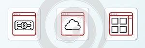 Set line Browser files, Online shopping on screen and Cloud technology data transfer icon. Vector