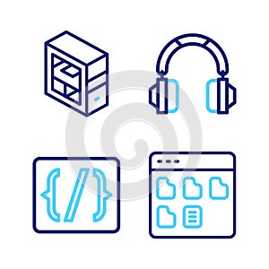 Set line Browser files, Programming language syntax, Headphones and Computer icon. Vector