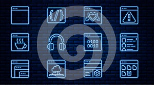 Set line Browser files, with shield, Headphones, Software, window, Binary code and Programming language syntax icon