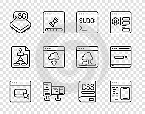 Set line Browser files, Software, Code terminal, Computer monitor screen, Processor with microcircuits CPU, Cloud