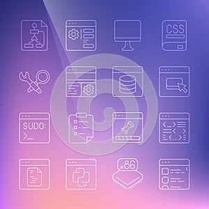 Set line Browser files, Software, Computer monitor screen, Debugging, Flowchart and Server, Data, Web Hosting icon