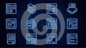 Set line Browser files, Software, Processor, MySQL code and Computer icon. Vector