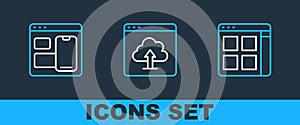Set line Browser files, Web developer programming code and Cloud upload icon. Vector