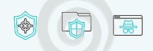 Set line Browser incognito window, Shield and Document folder protection icon. Vector