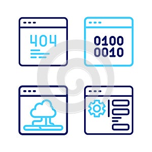 Set line Browser setting, Cloud technology data transfer, Binary code and Page with 404 error icon. Vector