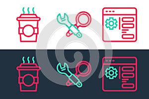 Set line Browser setting, Coffee cup to go and Debugging icon. Vector