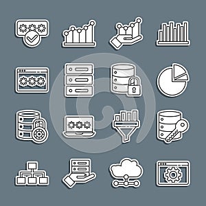 Set line Browser setting, Server security with key, Pie chart infographic, Server, Data, Web Hosting, Password