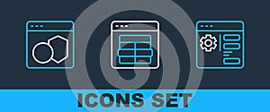 Set line Browser setting, Software and MySQL code icon. Vector