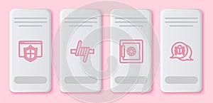 Set line Browser with shield, Barbed wire, Safe and System bug. White rectangle button. Vector