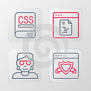 Set line Browser with shield, Hacker or coder, Software and Books about programming icon. Vector