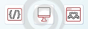 Set line Browser with shield, Programming language syntax and Computer monitor screen icon. Vector