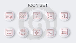 Set line Browser with shield, Search engine, Software, Debugging, files, Processor and System icon. Vector