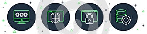 Set line Browser with shield, Secure your site HTTPS, SSL, Monitor password and Server and gear icon. Vector
