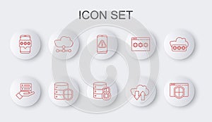 Set line Browser with shield, Server, Data, Web Hosting, Mobile exclamation mark, Cloud download and upload, password