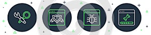Set line Browser with shield, System bug, Debugging and Loading data window icon. Vector