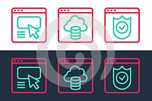 Set line Browser with shield, UI or UX design and Cloud technology data transfer icon. Vector