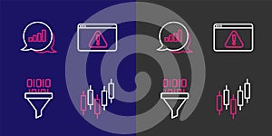 Set line Browser with stocks market, Binary code, exclamation and Pie chart infographic icon. Vector