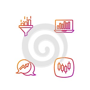 Set line Browser with stocks market, Financial growth, Sales funnel chart and Laptop graph. Gradient color icons. Vector