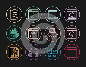 Set line Browser window, Cloud technology data transfer, Laptop, Code terminal, Processor, Clipboard with checklist