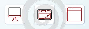 Set line Browser window, Computer monitor screen and Keyboard icon. Vector