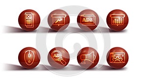 Set line Browser window, Computer mouse, Board with graph chart, Megaphone, Advertising, setting and icon. Vector