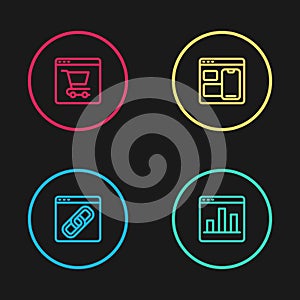 Set line Browser window, Graph chart infographic, Web developer programming code and Online shopping on screen icon