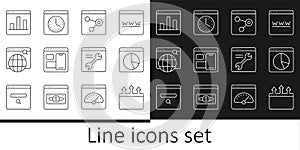 Set line Browser window, Graph chart infographic, Web developer programming code, Search engine, setting and icon