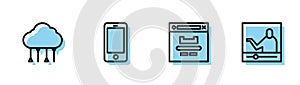 Set line Browser window, Network cloud connection, Mobile phone and Online education icon. Vector