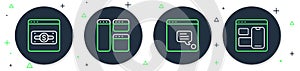 Set line Browser window, New chat messages notification, Online shopping screen and Web developer programming code icon