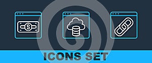 Set line Browser window, Online shopping on screen and Cloud technology data transfer icon. Vector