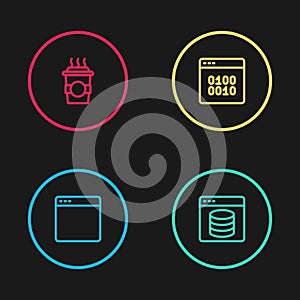 Set line Browser window, Server, Data, Web Hosting, Binary code and Coffee cup to go icon. Vector