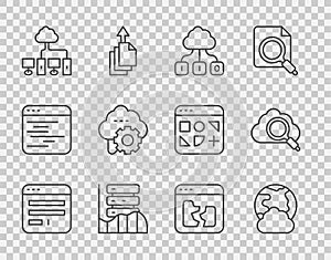 Set line Browser window, Social network, Cloud technology data transfer, Server, Data, Web Hosting, Computer, Broken