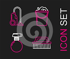 Set line Brush for cleaning, Bucket with foam and bubbles and Vacuum cleaner icon. Vector