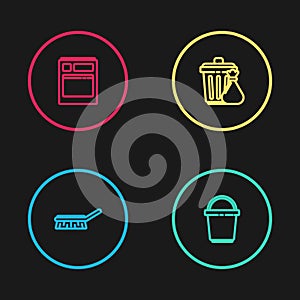 Set line Brush for cleaning, Bucket, Trash can and garbage bag and Kitchen dishwasher machine icon. Vector