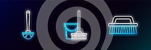 Set line Brush for cleaning, Toilet brush and Mop and bucket icon. Glowing neon. Vector