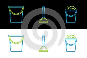 Set line Bucket with foam and bubbles, and Toilet plunger icon. Vector