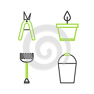 Set line Bucket, Garden rake, Plant in pot and Gardening handmade scissors icon. Vector