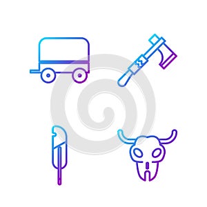Set line Buffalo skull, Feather pen, Wild west covered wagon and Tomahawk axe. Gradient color icons. Vector