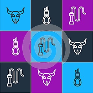 Set line Buffalo skull, Leather whip and Gallows rope loop hanging icon. Vector