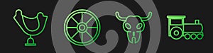 Set line Buffalo skull, Wild west saddle, Old wooden wheel and Retro train. Gradient color icons. Vector